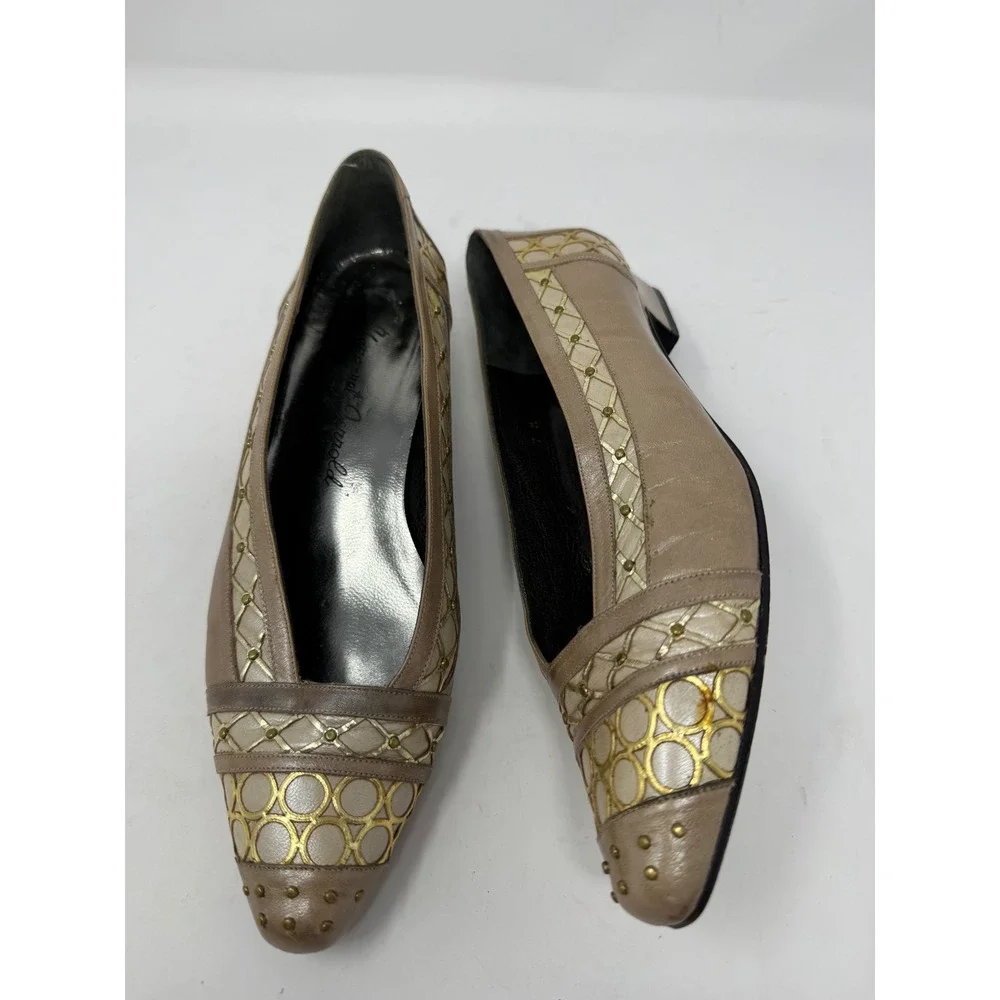 Margaret Jerrold Vintage Taupe Leather Gold Studded Low Wedge Pumps Heels 7.5 M